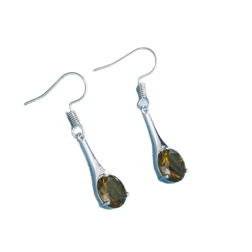 Olive green topaz coloured water drop shape earrings with minimalist retro styling on white background