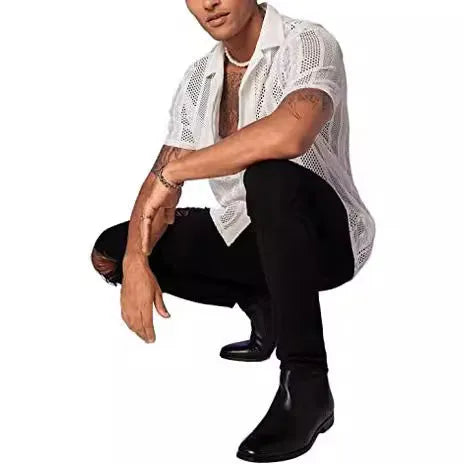 Men's white knitted short-sleeve button shirt with jacquard texture in cardigan style