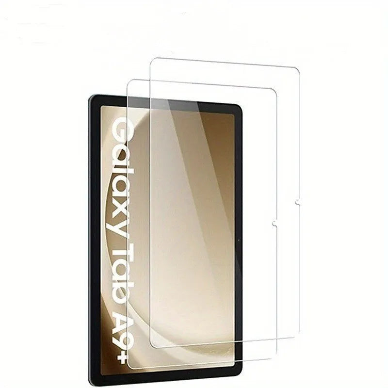 Samsung Galaxy tablet with a clear tempered glass screen protector applied, showing HD clarity.