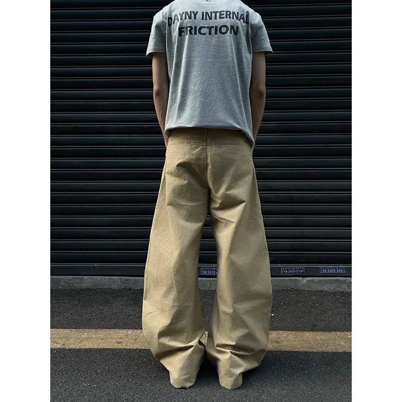 Men's khaki straight-leg cotton trousers showing American retro styling front and back