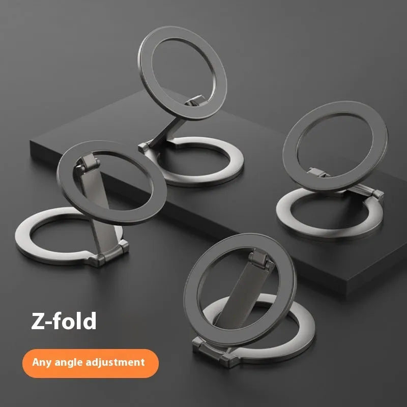 Full metal fastened ring desktop stand in black holding a tablet on a desk