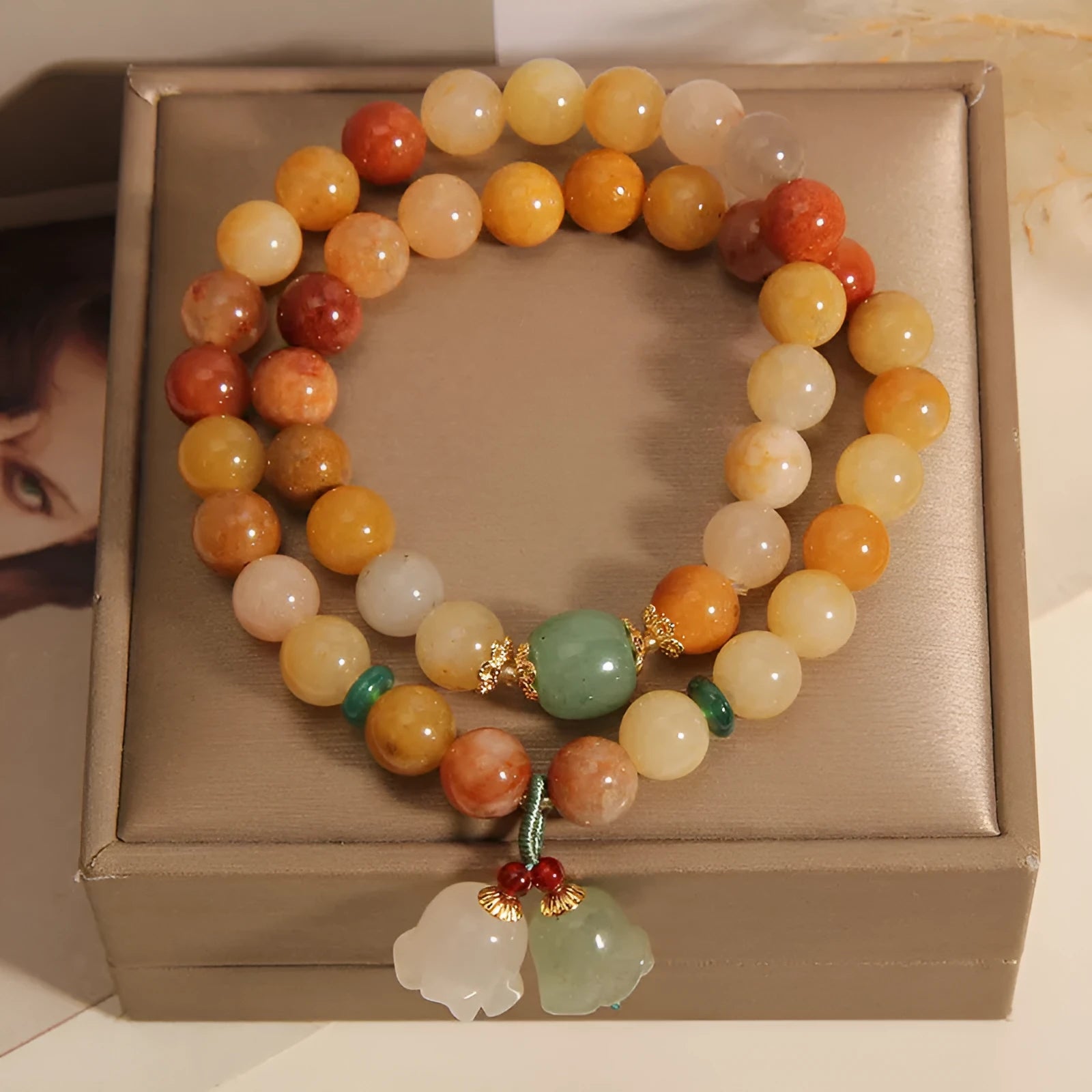 Natural jade multi-layer bracelet with orchid pendant for women, adjustable wrap design