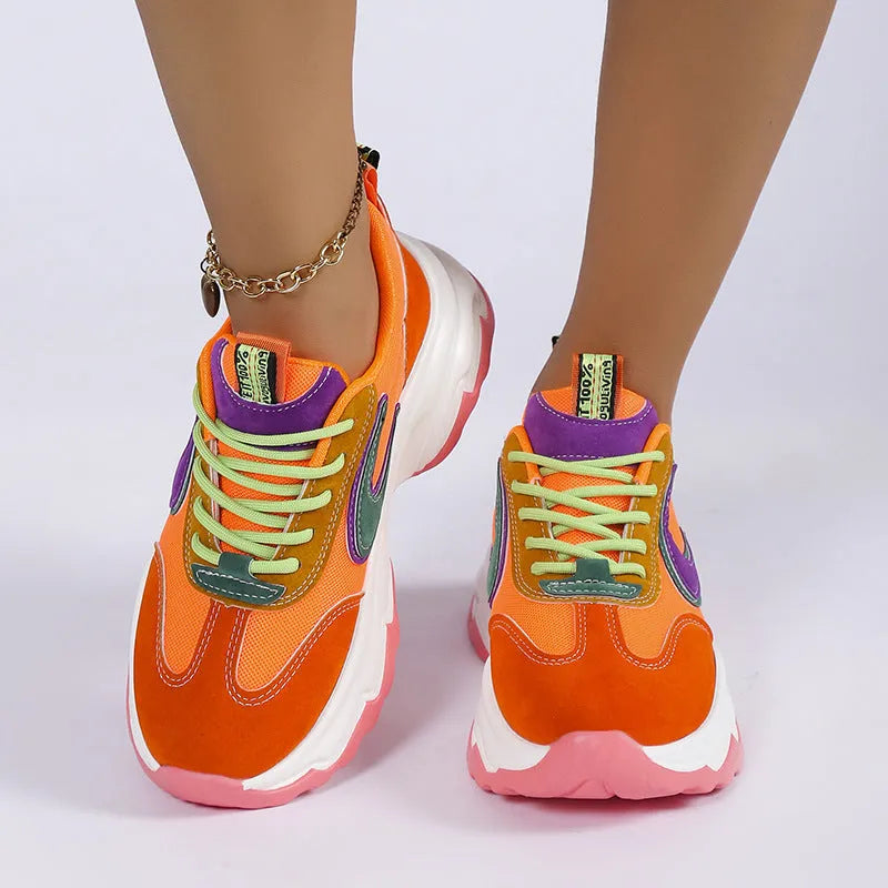 Mixed-colour women's lace-up sneakers with breathable mesh upper, thick rubber sole, and round toe in orange and purple
