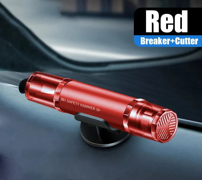 Black and red aluminium alloy car emergency hammer with a tungsten steel tip and a hidden seat belt cutter, shown with a mounting bracket.