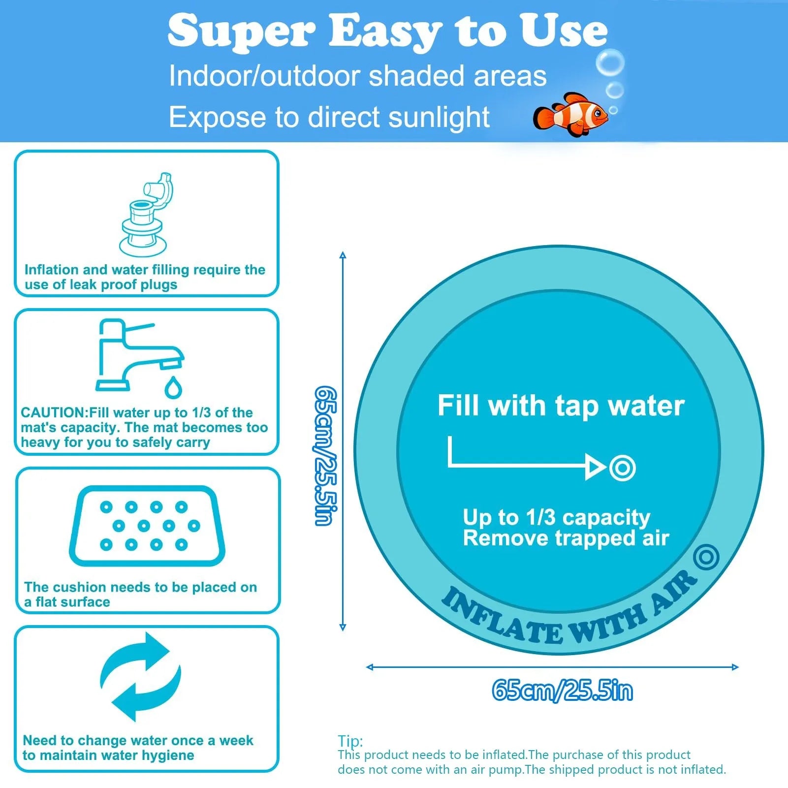Square blue water sensory playmat for cats with floating fish toys inside, shown inflated on a floor.
