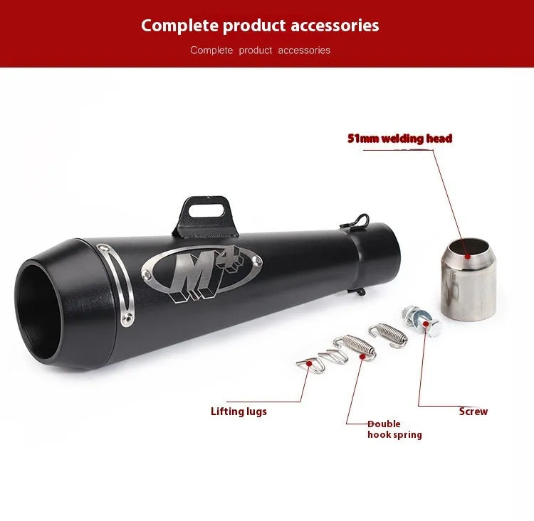 Universal M4 motorcycle exhaust pipe in multiple finish options including black, white steel, titanium and blue
