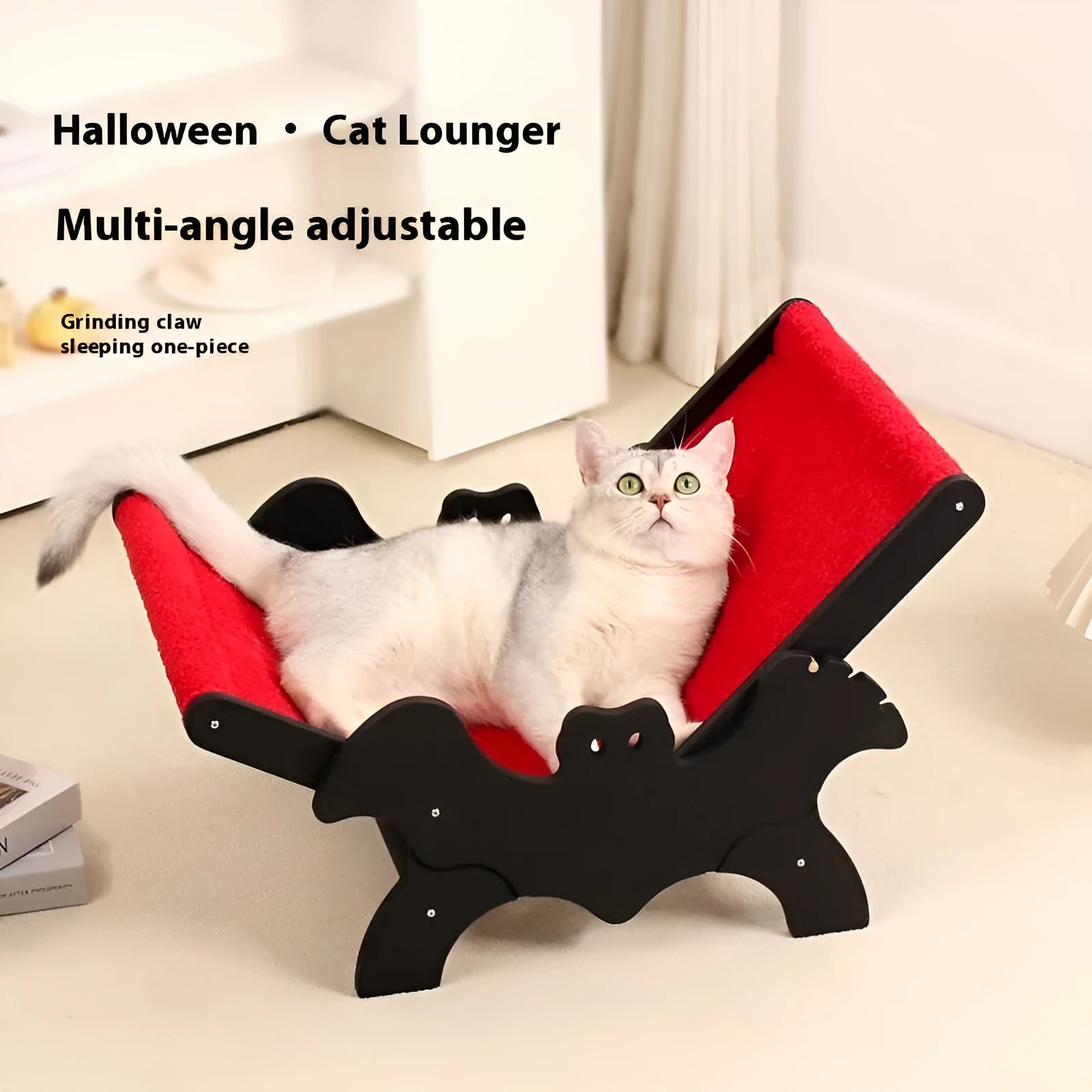 Black and red Halloween bat themed wooden cat recliner bed
