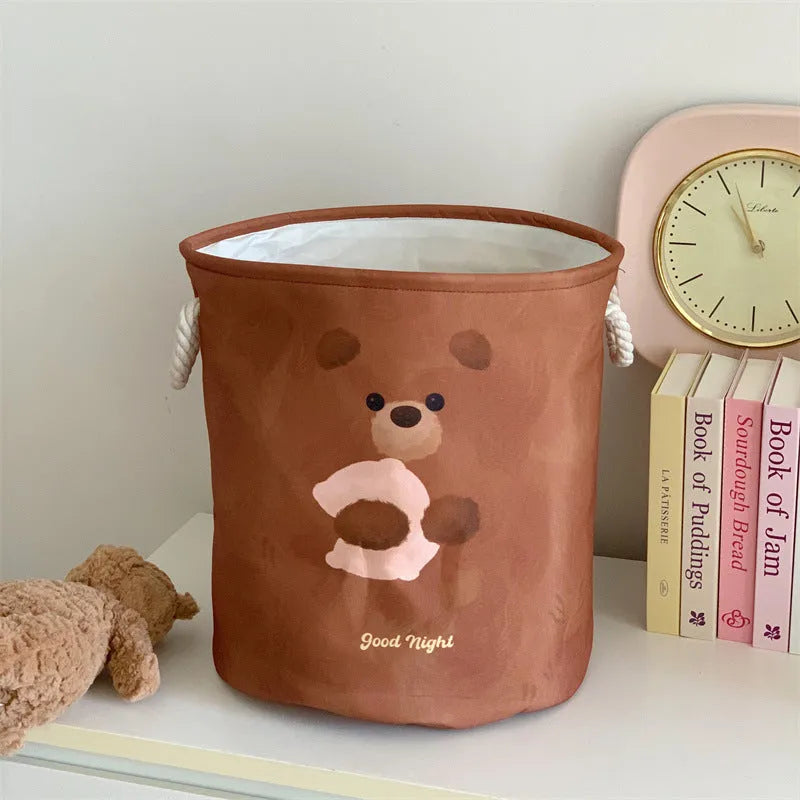 Foldable cotton cloth laundry basket with bear pattern design for bedroom storage