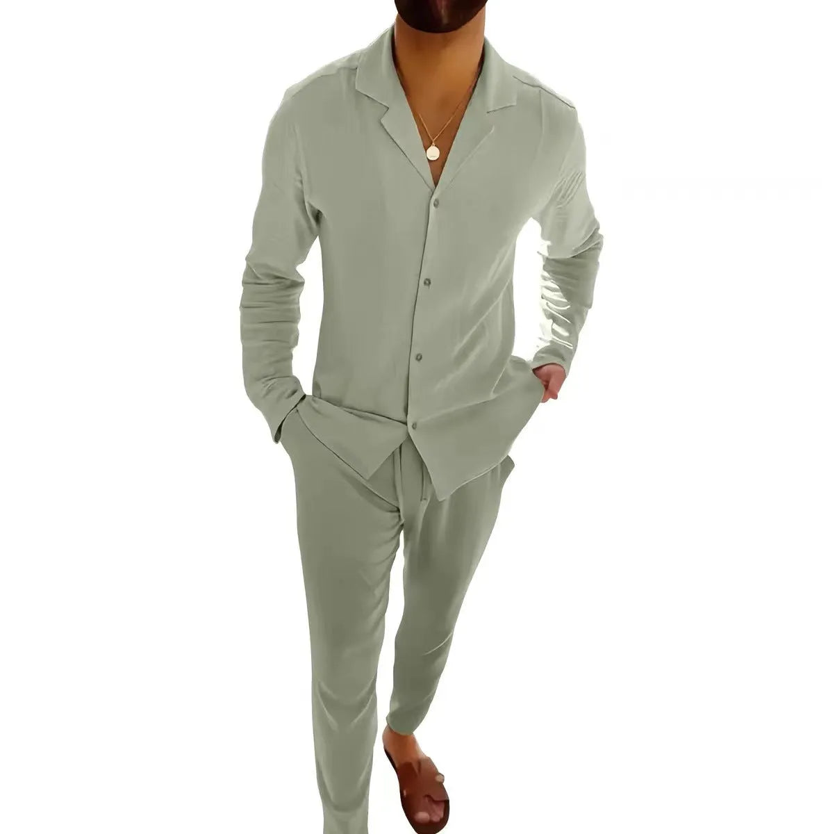 Men's cotton casual suit set with long-sleeve lapel shirt and slim-fit trousers in beige