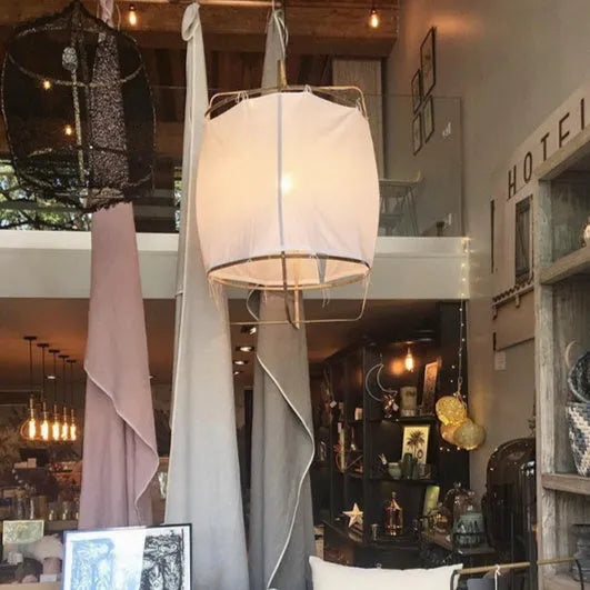 Design pendant lamp with 40cm diameter bamboo frame and beige gauze mini edition shade for restaurant use