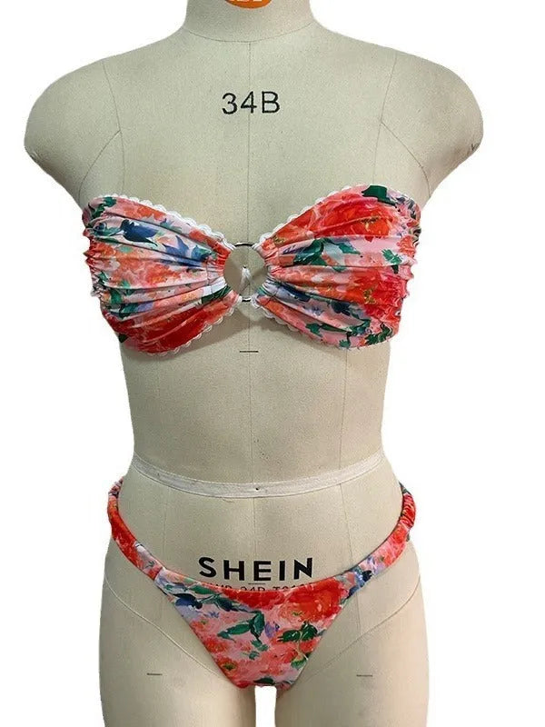 Women's floral printed bikini set with lace trim tube top and matching briefs