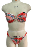 Women's floral printed bikini set with lace trim tube top and matching briefs