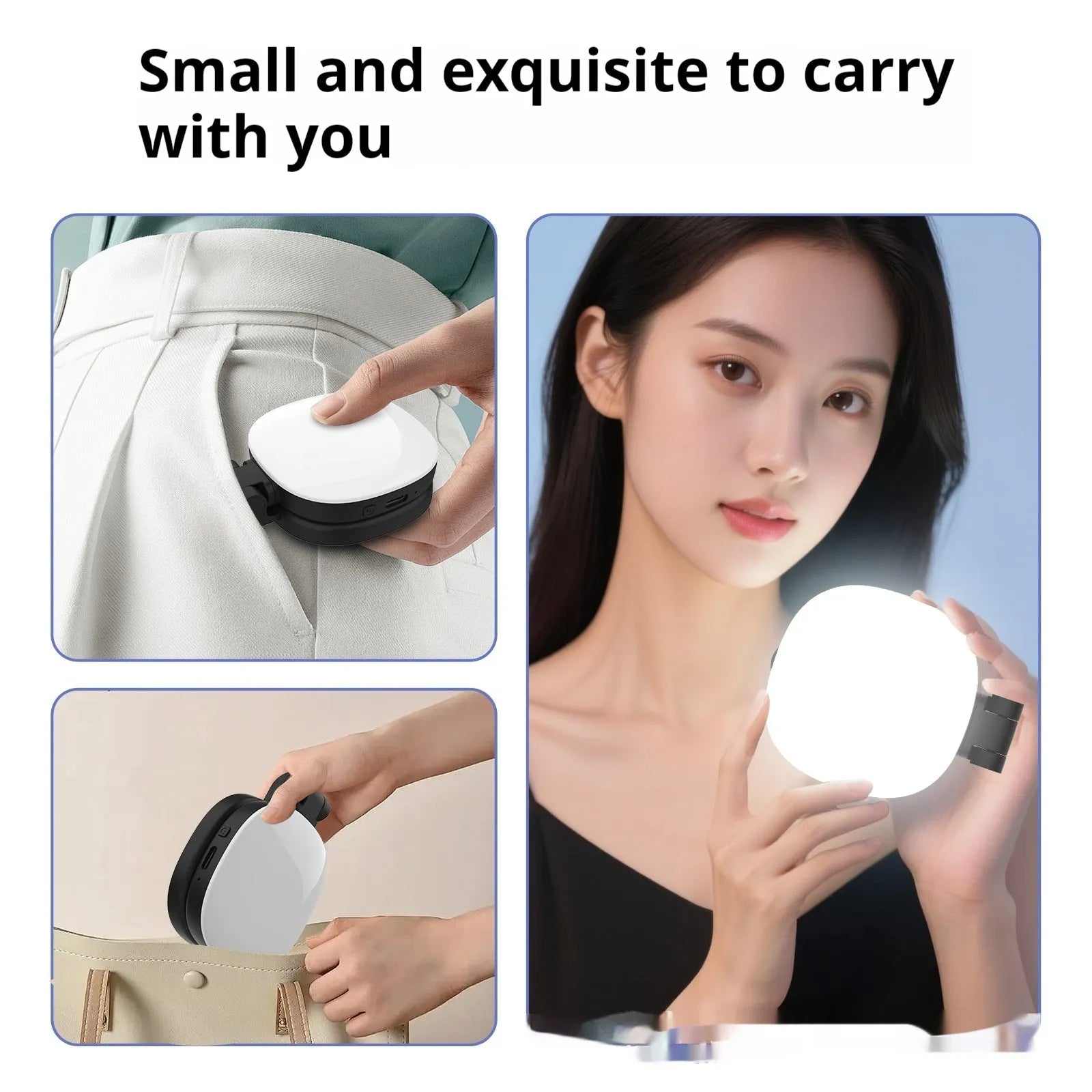 Mini portable makeup mirror fill light with magnetic phone holder in black or white