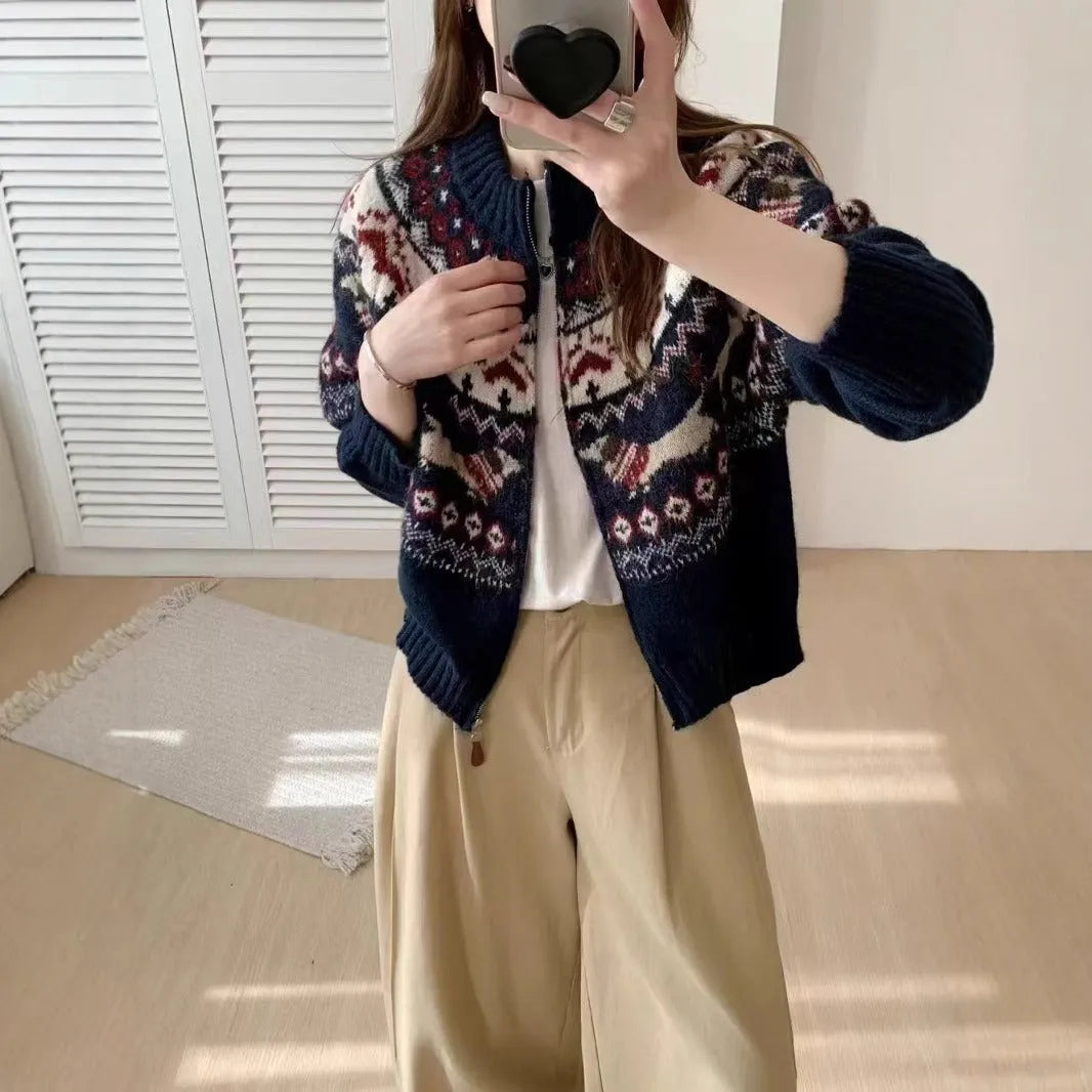 Ethnic style jacquard pullover sweater with 3D pattern in apricot or navy blue colour