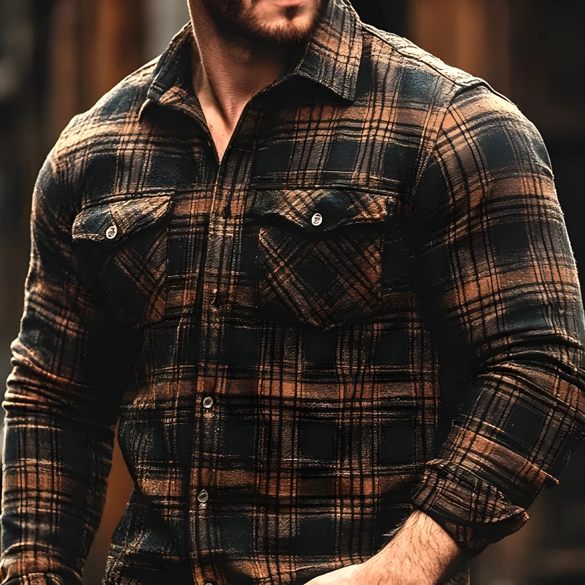 Men's fleece-lined plaid pocket shirt in cardigan style with long sleeves, available in multiple colours