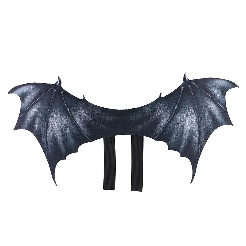 Black cloth bat wing Halloween costume for a dog or cat showing three size options.