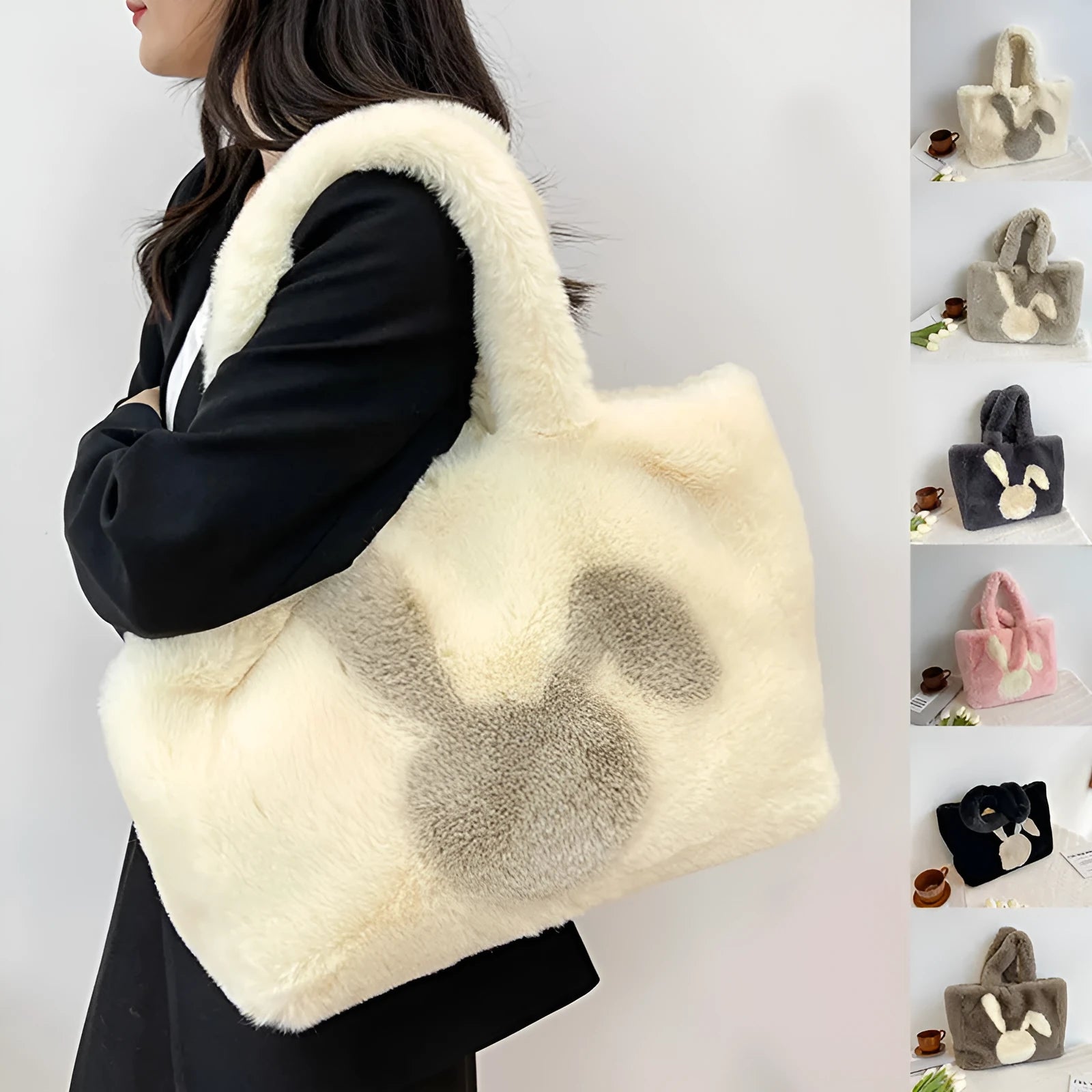 Cartoon rabbit ears plush shoulder bag in solid colour with large capacity interior