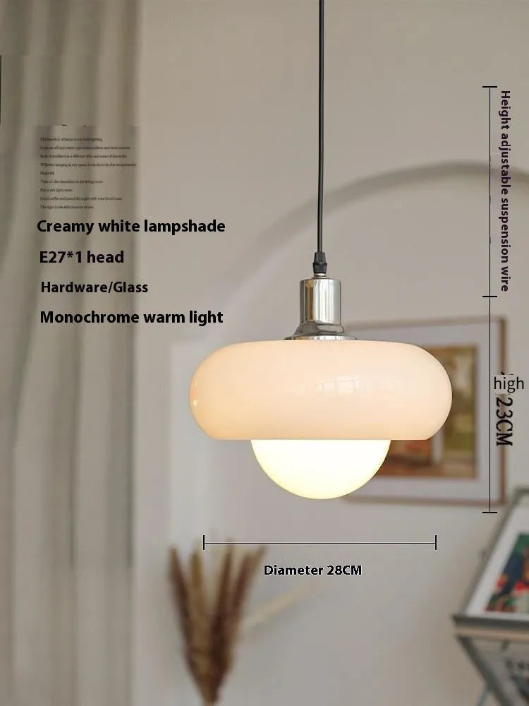 Milk white Bauhaus pendant light with three egg tart-shaped glass shades for bedroom or dining room