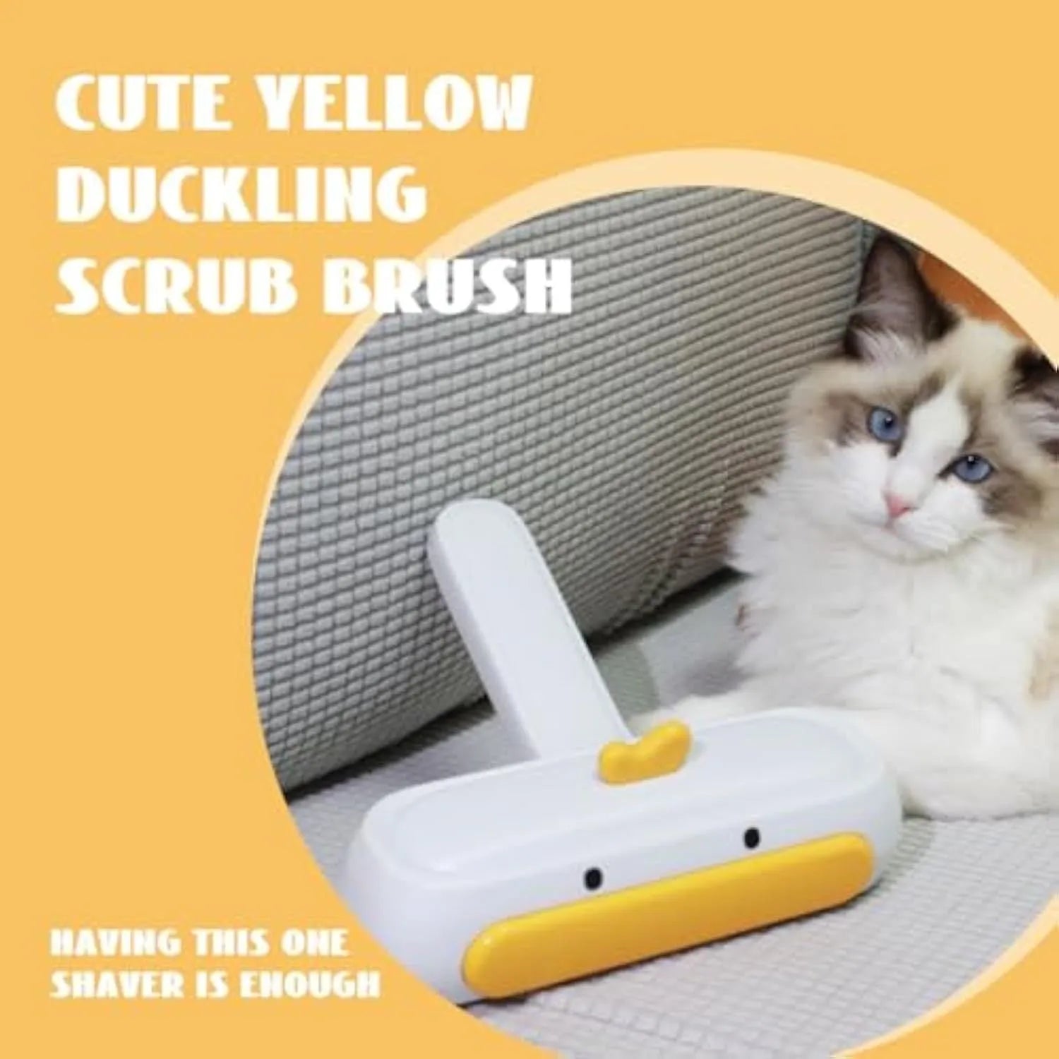 White portable pet hair remover tool with cartoon yellow duck design and polyester bristle surface