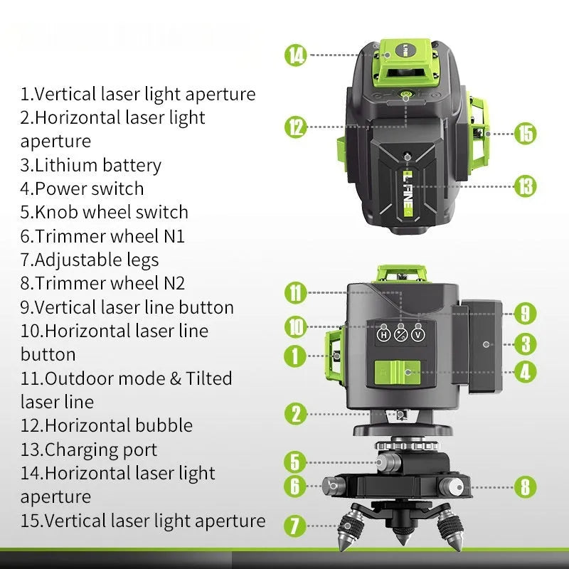 Green 16-line laser level tool with aluminium parts and nylon housing on a workbench.
