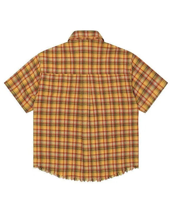 Yellow plaid short sleeve shirt with embroidery pocket detail in loose fit for men and women