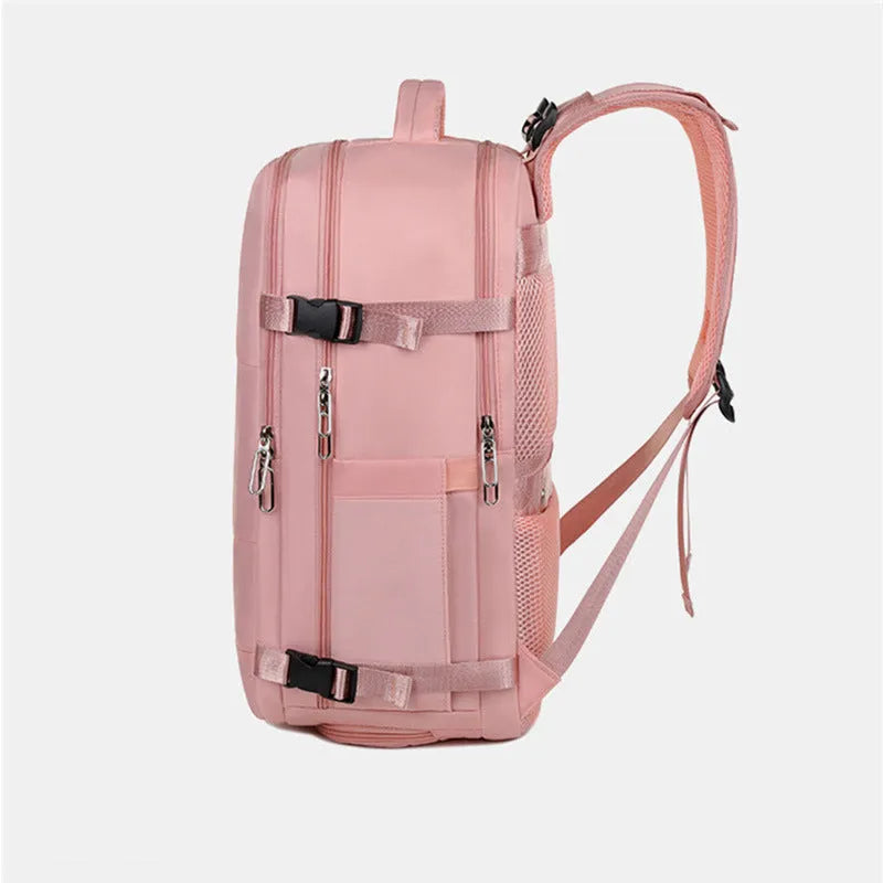 Large purple travel backpack with multiple compartments and an air pillow strap system, shown on a neutral background.