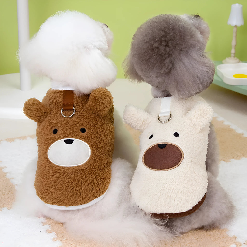 Coral fleece pet jumper for small dogs and cats in brown or off white, sizes XS to XL