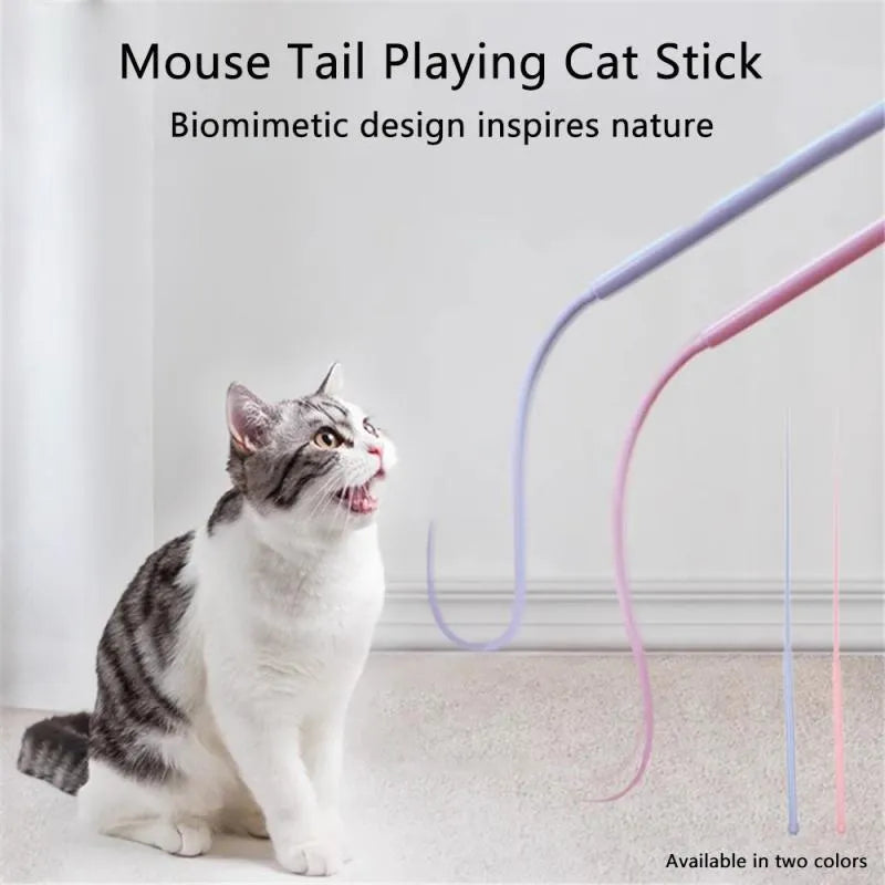 Blue cat toy wand with silicone mouse tail and ABS plastic handle for interactive pet play
