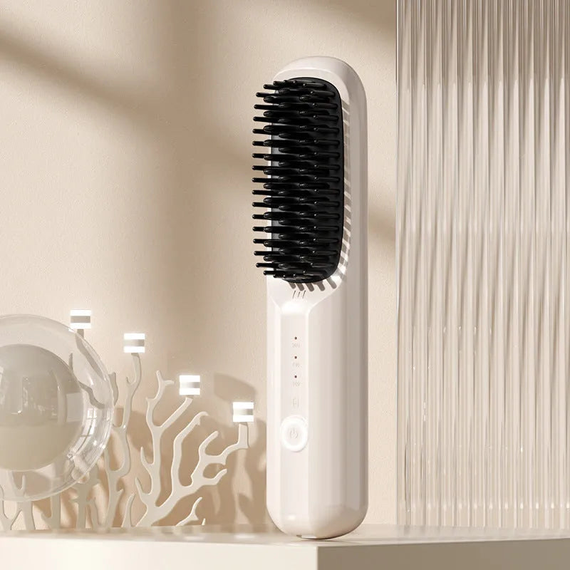 Wireless anion straightening comb in beige, pink, purple, or black colours.