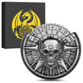 Skeleton metal wheel dice gift box with bronze D20 and D10 dice on a dark tabletop