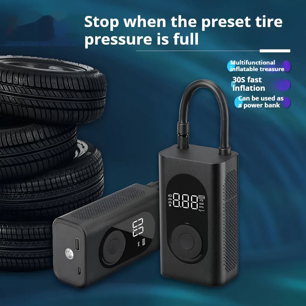 Mini wireless handheld tire inflator with ABS PC body, power bank and flashlight, 198 x 75 x 52 mm