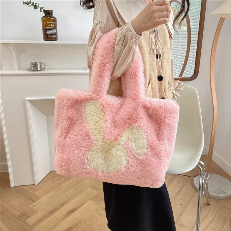 Cartoon rabbit ears plush shoulder bag in solid colour with large capacity interior
