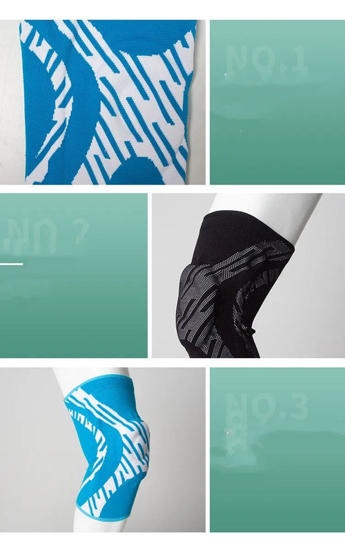 Men's nylon basketball knee pads in black and blue colours showing knee protection design