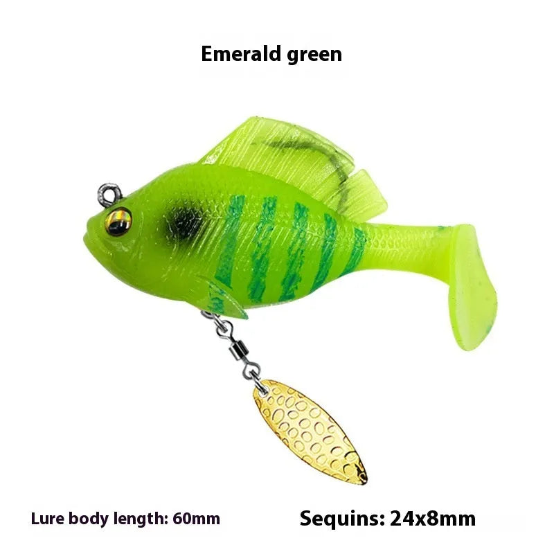Rotating sequins T tail fishing lure in black back red body, 10g or 14g, for bass and mandarin fish