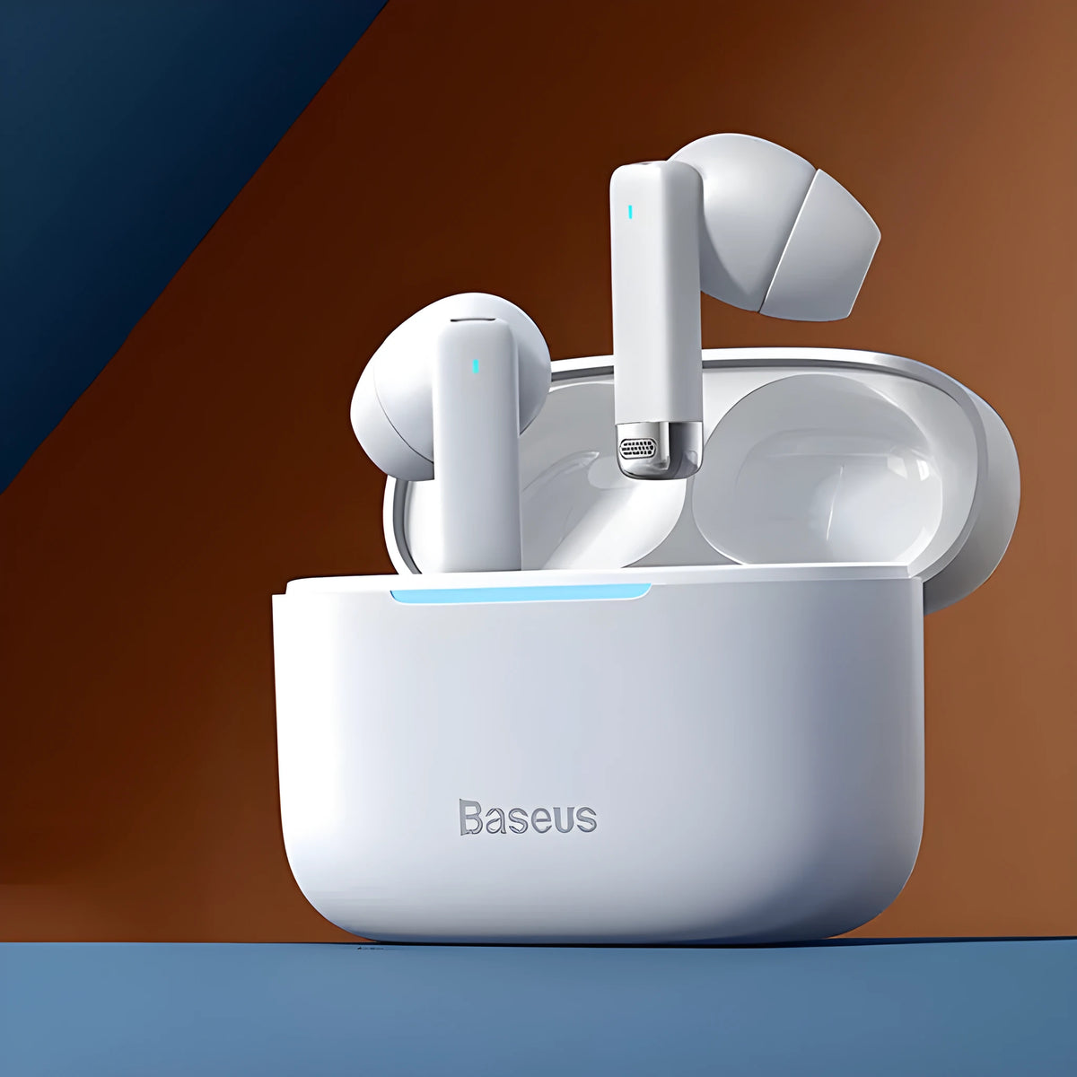 Pearl White active noise cancelling true wireless headphones with charging case on a table.