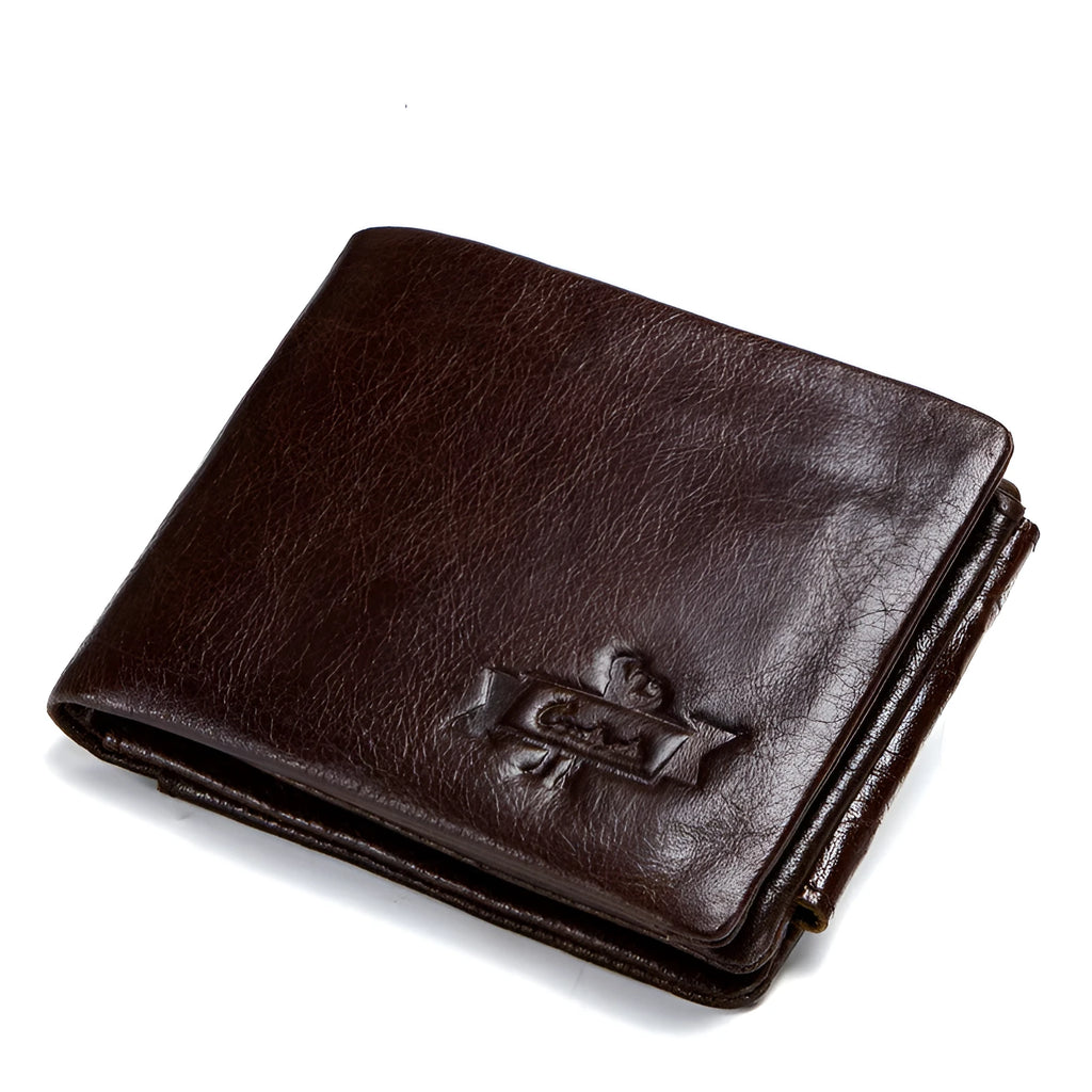 Vintage Crazy Horse leather tri-fold men's wallet in coffee colour, folded and showing card slots