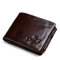 Vintage Crazy Horse leather tri-fold men's wallet in coffee colour, folded and showing card slots