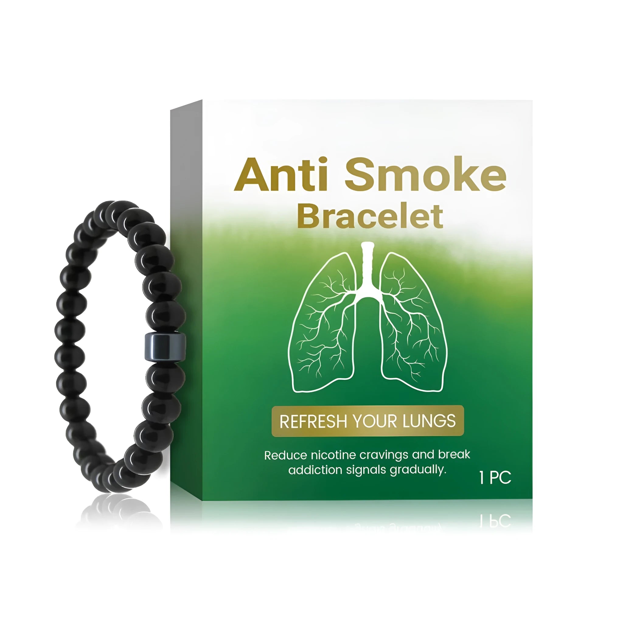 Close-up of a men's adjustable bracelet with black gallstone beads and clear glass spacers on a cord.
