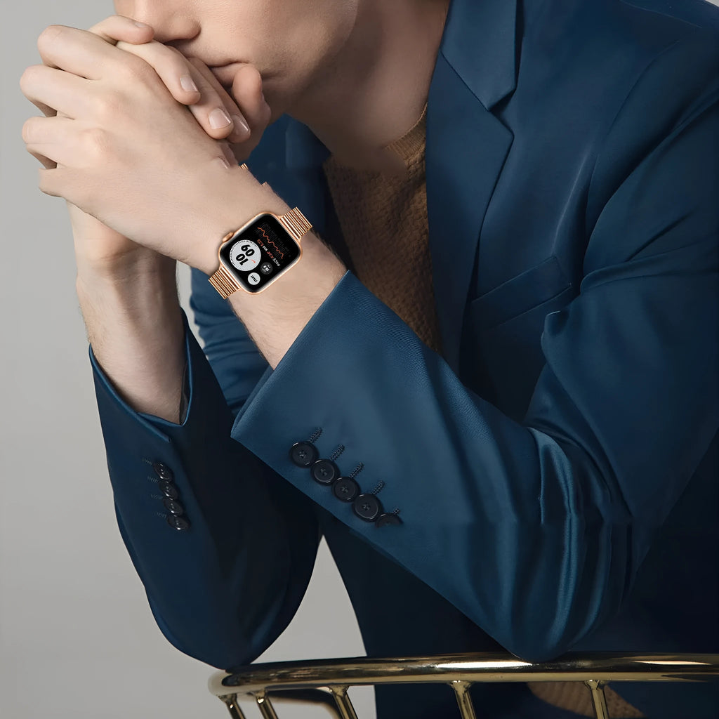 Stainless steel Apple Watch strap with double insurance buckle and one bead, available in four colours and two sizes.