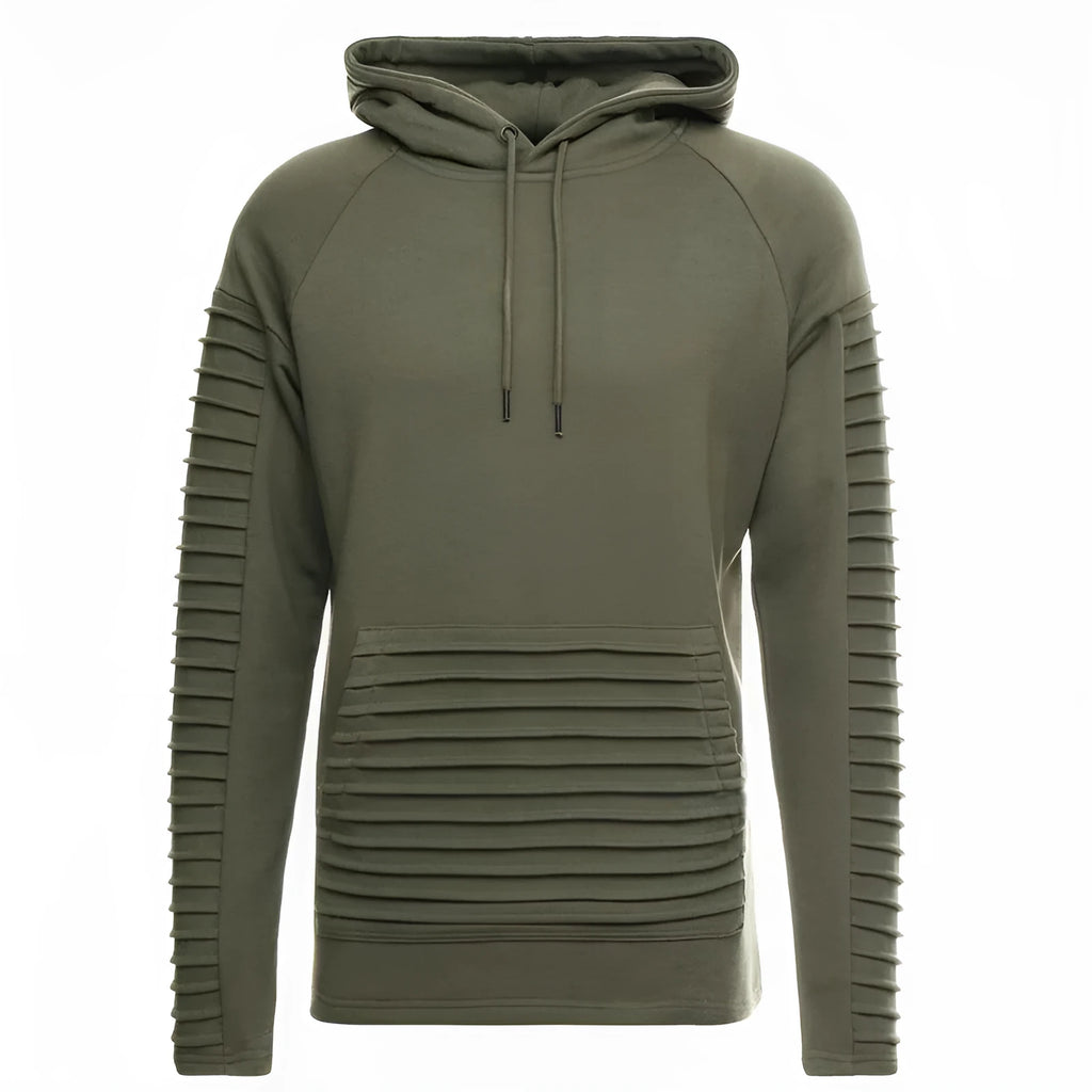 Men's long sleeve pleated stripes hoodie in Odell polyester fabric, black colour, front view