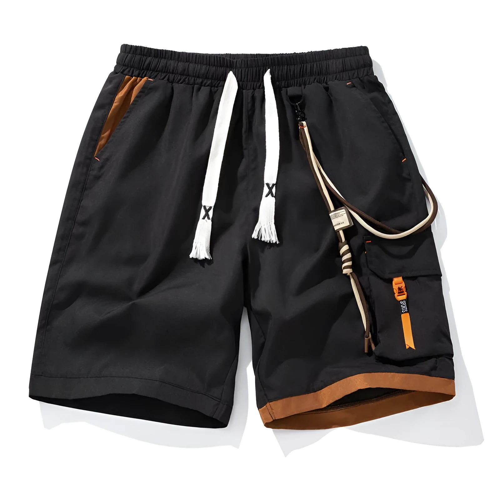 Man wearing coffee-coloured high-waisted bamboo fibre plus-size sports shorts with a loose, straight-leg fit.