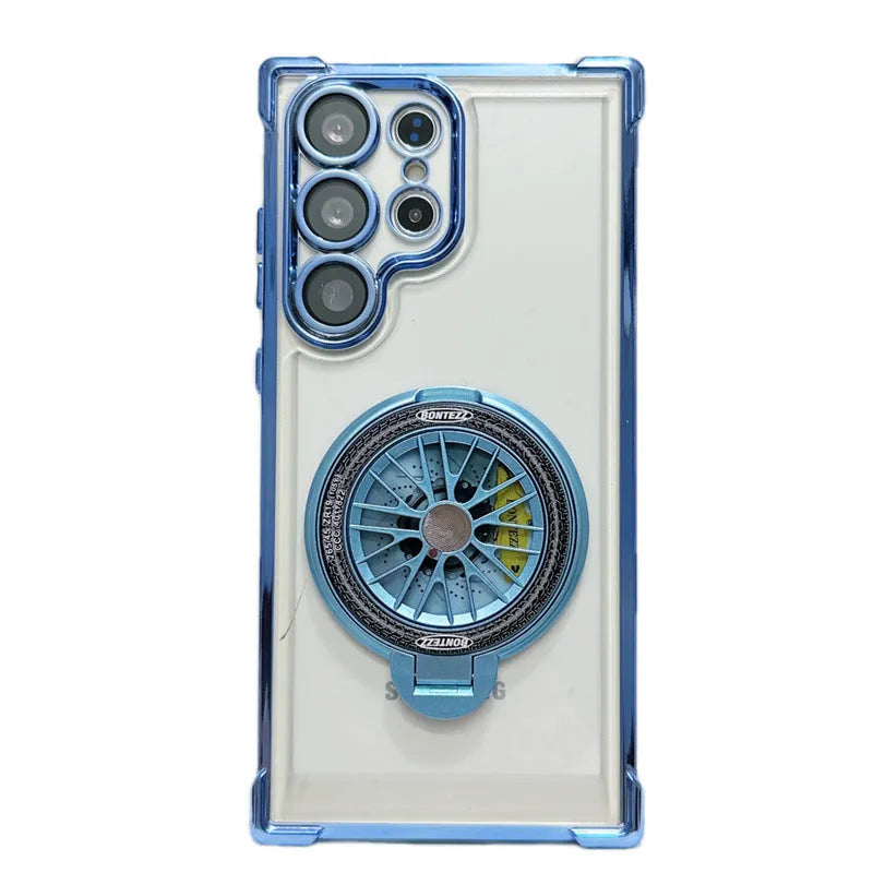 Electroplating four-corner drop-resistant rotating gyro magnetic bracket phone case for Samsung S23 in cool black