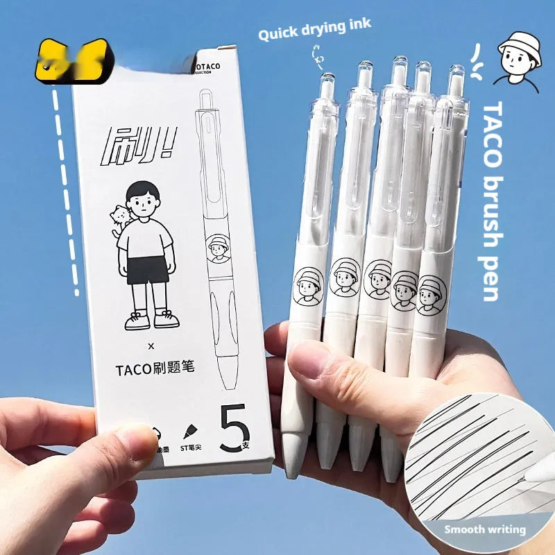 Set of five white ballpoint pens with black ink and 0.5mm tips on a table.