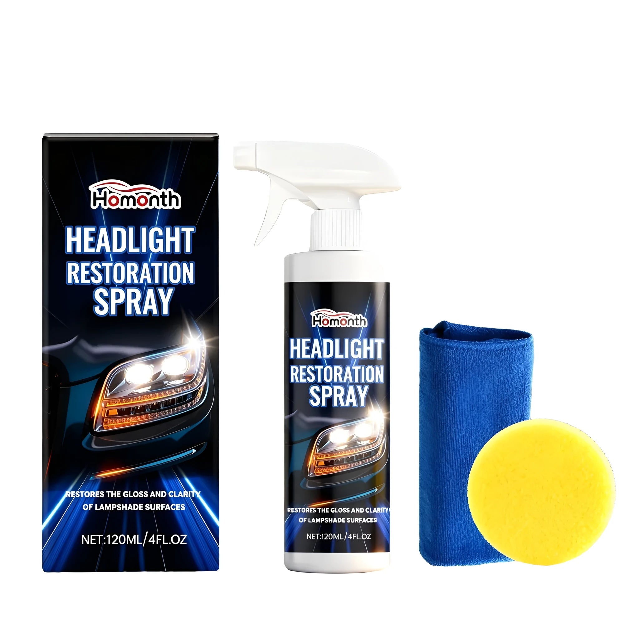HOMONTH 120ml headlight restoration spray bottle with sponge and towel for car care