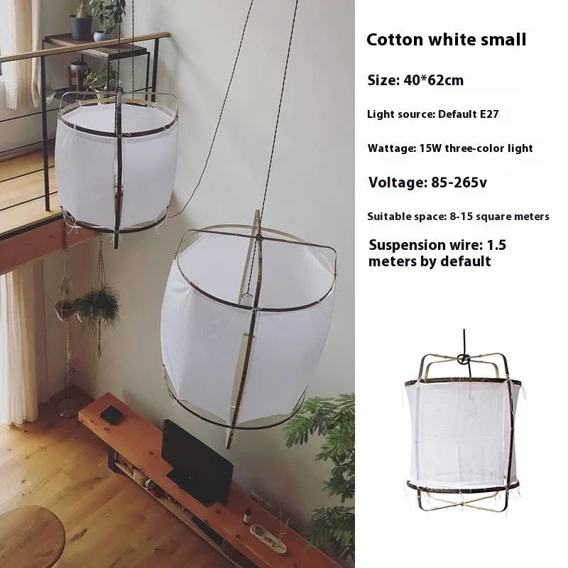 Design pendant lamp with 40cm diameter bamboo frame and beige gauze mini edition shade for restaurant use
