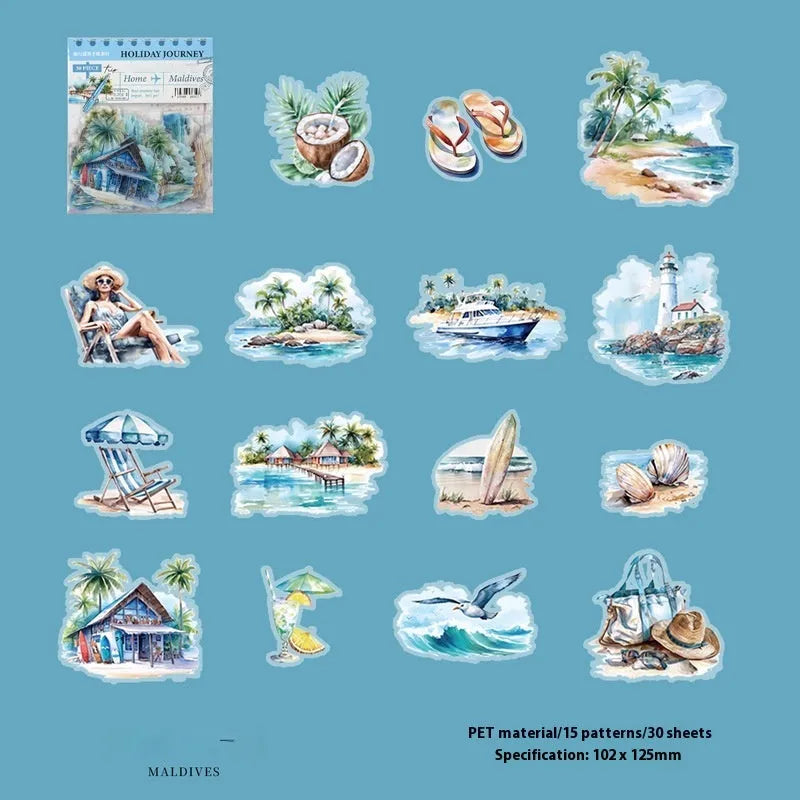 Retro style architecture journal stickers showing Paris Arc de Triomphe, London Big Ben, Maldives, Zurich, Rome, and Bangkok designs