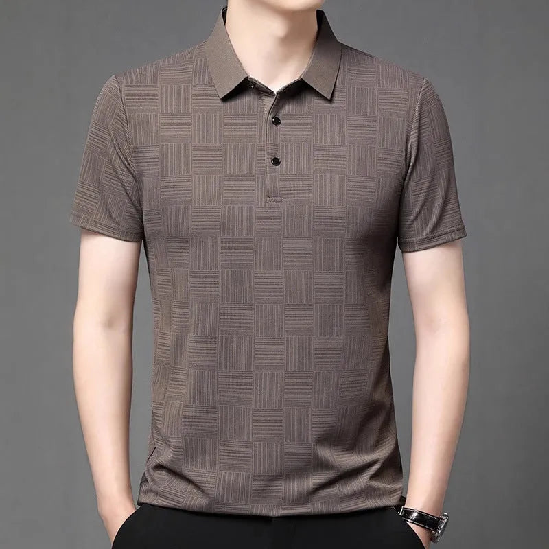 Man wearing a slim fit lapel T-shirt in a chemical fibre blend, available in multiple colours.