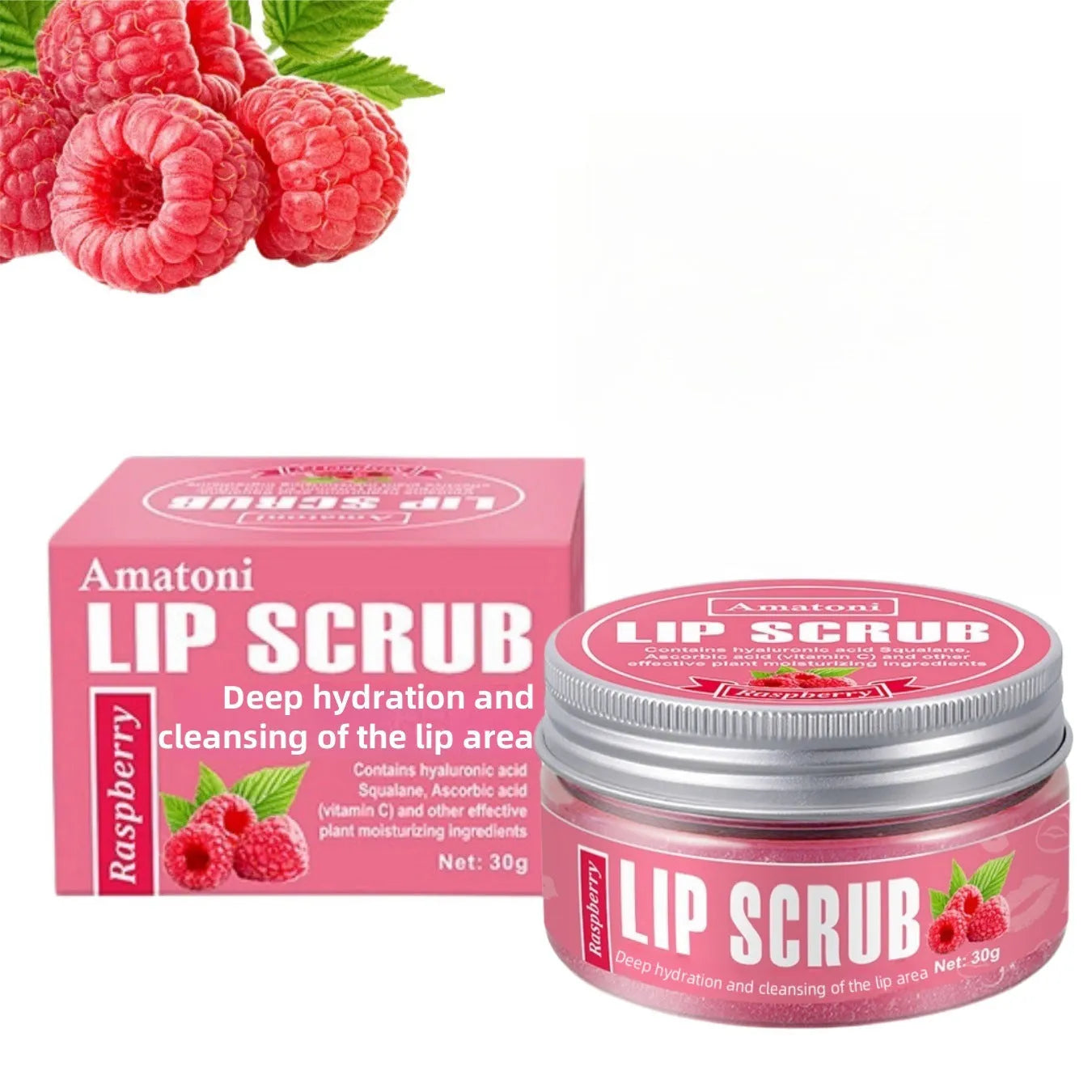 Lip scrub cream jar in fruit flavours: coconut, raspberry, vanilla, watermelon, 30g