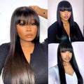 Natural colour human hair straight fringe wig on a stand, showing full-mechanism headgear back