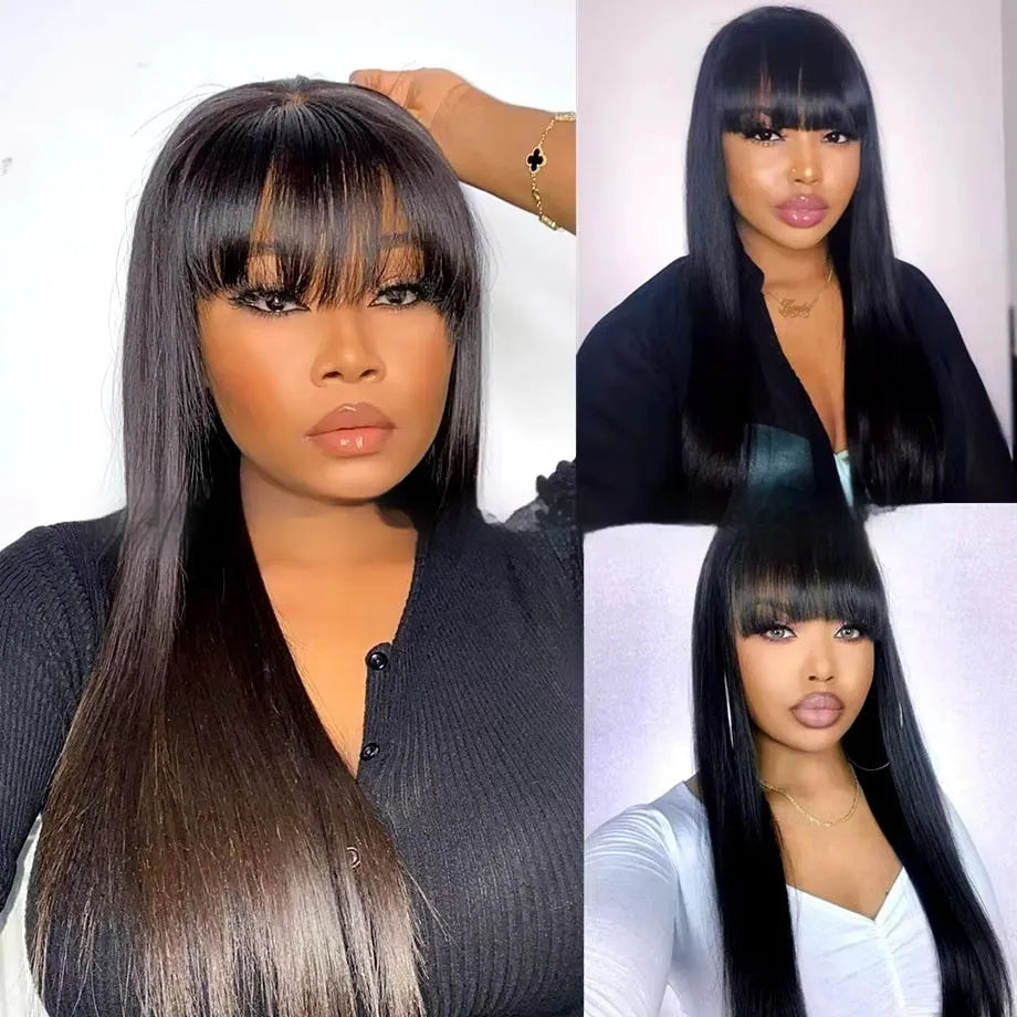 Natural colour human hair straight fringe wig on a stand, showing full-mechanism headgear back